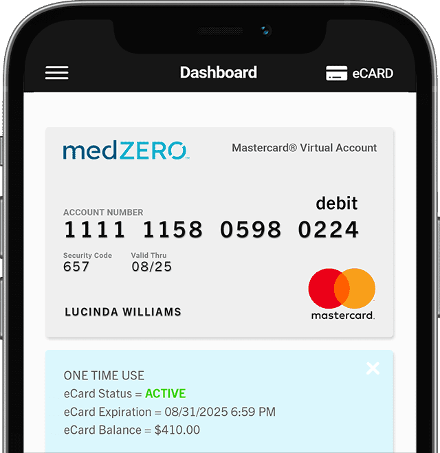 medZERO app with virtual Mastercard
